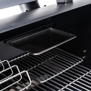 GMG Prime 2.0 RACKT Backboard with upper tray and rack configuration in GMG Trek Cart, perfect for drip management and multi-level cooking.