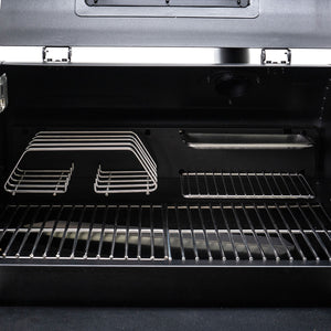Close-up of GMG Prime 2.0 RACKT Backboard with multi-level stainless steel racks inside a GMG Trek Cart, ideal for organized grilling.