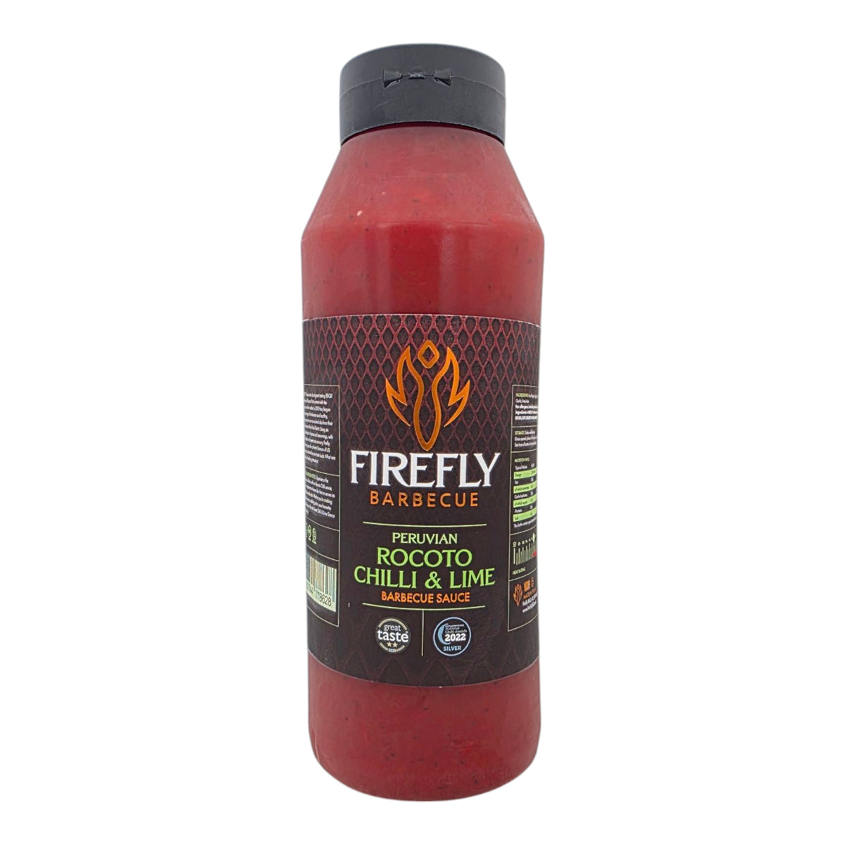 Firefly BBQ Peruvian Rocoto Chilli & Lime Sauce in large catering-size plastic bottle, ideal for food service and BBQ enthusiasts.
