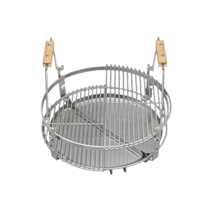 Stainless steel grill grate system with wooden handles for Monolith ONE 55, offering versatile cooking zones for outdoor grilling.