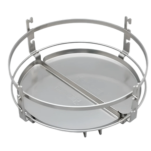 Stainless steel cooking system for Monolith ONE.66 Grill featuring dual half-moon deflector plates and multi-level rack for versatile BBQ use.