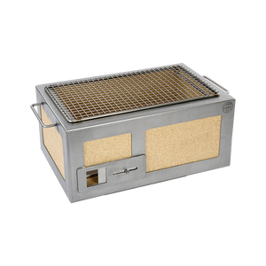 Kasai Konro BBQ Grill with Steel Frame V2 shown at a side angle, highlighting its durable stainless steel handles and ceramic insulation.