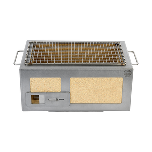 Front view of the Kasai Konro BBQ Grill with Steel Frame V2, showcasing its compact design and adjustable air vent for grilling control.