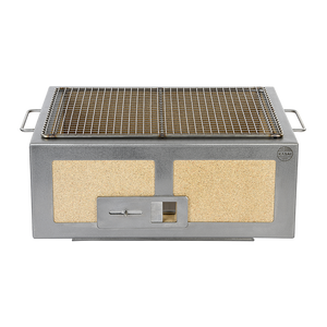 Front view of Medium Wide Kasai Konro Grill with stainless steel frame and adjustable air vent, designed for precise outdoor grilling control.