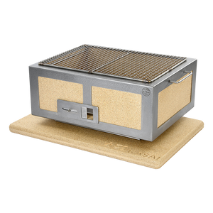 Kasai Konro BBQ Grill - Medium with stainless steel frame shown on a heat-resistant base mat, ideal for safe tabletop grilling experiences.