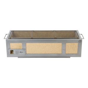 Front view of the Long Kasai Konro Grill with Stainless Steel Frame V3, designed for even heat distribution and professional grilling.