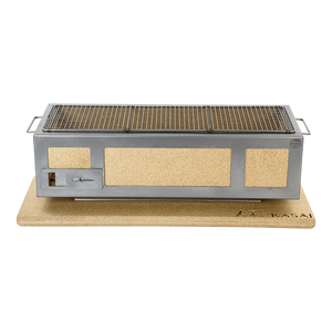 Front-facing Kasai Konro Grill with Stainless Steel Frame V3 on a branded cork mat, built for premium outdoor grilling performance.