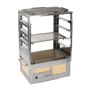Stainless steel Kasai Konro Robata Rack with three adjustable grill levels, designed for versatile outdoor grilling performance.