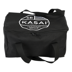Top view of Kasai Konro Carry Case with bold logo print, featuring sturdy handles and zipper for secure grill transportation.