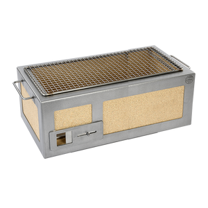 Side view of Kasai Konro Medium BBQ Grill featuring durable stainless steel frame and heat-resistant ceramic panels for efficient grilling.