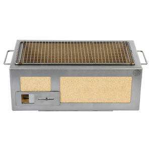 Front view of Kasai Konro Medium BBQ Grill with stainless steel handles and adjustable air vent, designed for precise charcoal grilling.