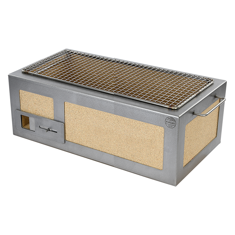 Stainless steel Kasai Konro medium BBQ grill with ceramic sides and wire grilling surface