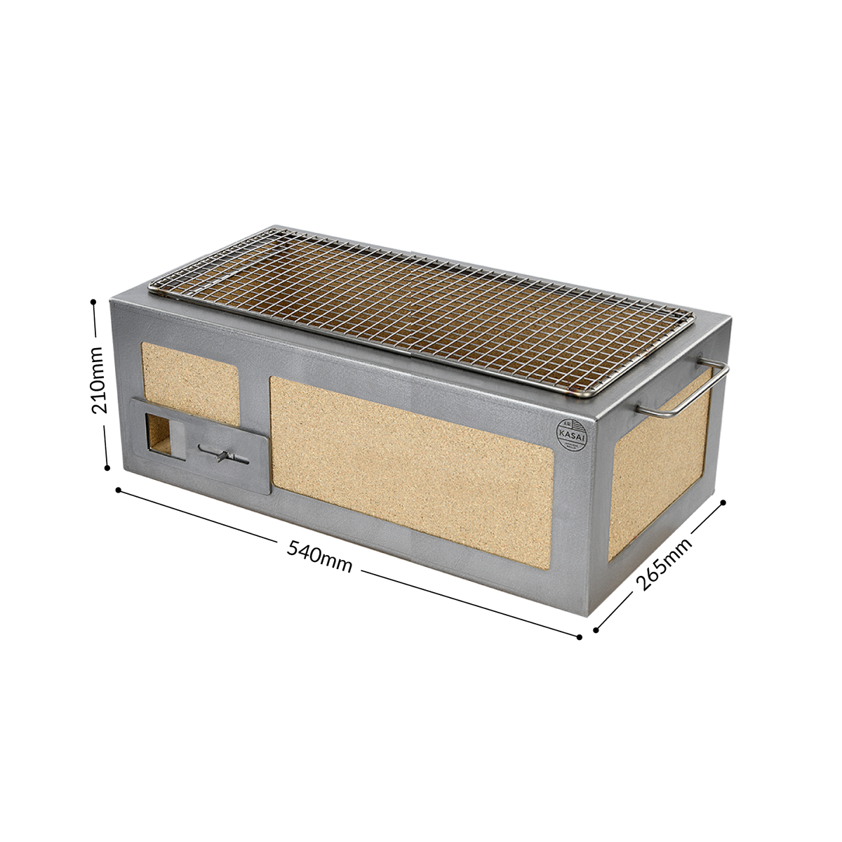 Close-up of stainless steel Kasai Konro medium BBQ grill with ceramic panels and side handle