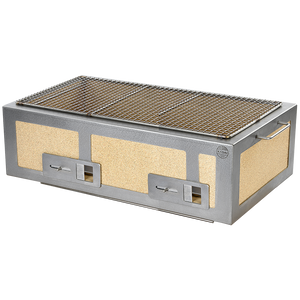 Side view of XL Kasai Konro Grill with stainless steel frame and dual adjustable vents, built for serious BBQ enthusiasts.