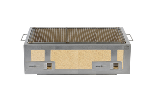 Front view of Kasai Extra Long BBQ Grill S/S showcasing dual air vents and spacious grilling surface for outdoor kitchen setups.