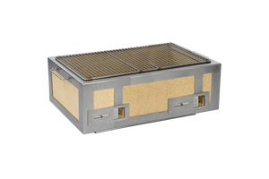 Angled view of XL Kasai Konro Grill with stainless steel handles and ceramic insulation, perfect for high-heat outdoor grilling.