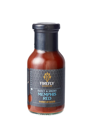 Firefly Barbecue Sweet & Smoky Memphis Red BBQ Sauce from the Ultimate BBQ Pack, ideal for adding rich Southern flavor to grilled dishes.
