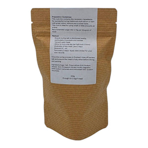 Back of Sweet Bacon Cure pouch showing preparation guidelines and ingredients, included in the Sweet Bacon Curing Kit.