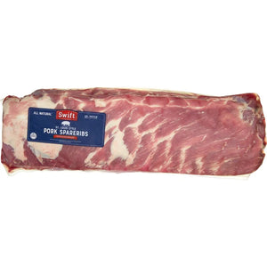 Vacuum-packed USDA St Louis Style Pork Spareribs by Swift Brand, featuring high-quality pork ideal for BBQ enthusiasts.