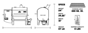 Technical diagram of Green Mountain Grills TREK PRIME 2.0 Pellet Grill with dimensions, cooking area, and hopper capacity specifications.