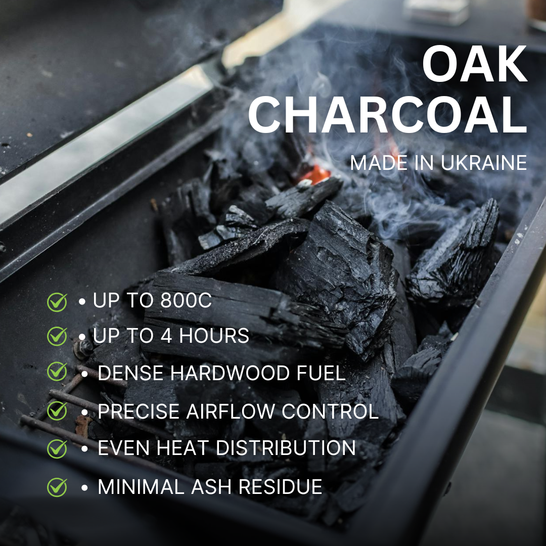 Charcoal on grill with text about quick start and natural fire