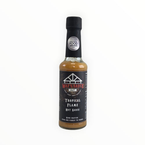 Tropical Flame hot sauce bottle with award badge