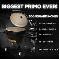 Large outdoor grill with 500 sq in cooking area and detailed technical drawing