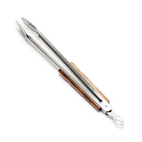 Stainless steel BBQ tongs with wooden handle for outdoor grilling