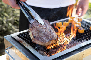 Close-up of steak grilling on Mesh Spare for Nano Pro Kasai Konro Grill, showcasing heat resistance and even cooking surface.