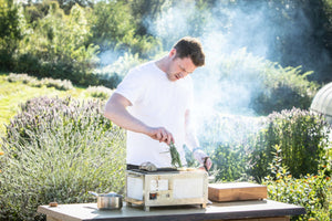 Outdoor grilling with Nano Pro Kasai Konro Grill using Mesh Spare, ideal for garden BBQs and professional-grade cooking.