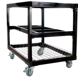 Close-up of black outdoor grill cart with sturdy frame and caster wheels