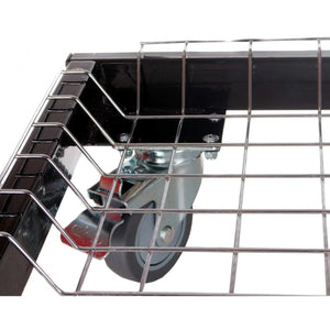 Detail of caster wheel on outdoor grill cart with wire shelf