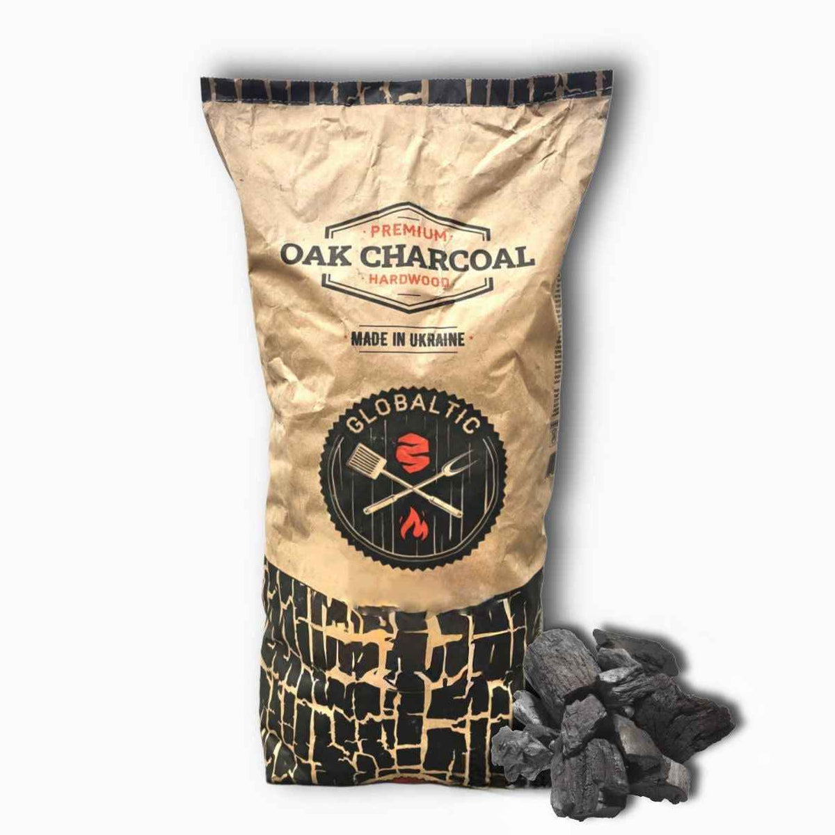 Oak Lump Charcoal 10kg bag with charcoal pieces