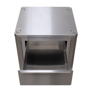 Top-down view of open Bertha Inflorescence Trolley (Stainless Steel) drawer, showcasing spacious interior for grill tools.