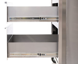 Side view of Bertha Inflorescence Trolley (Stainless Steel) drawers extended, showing dual storage compartments for grilling gear.