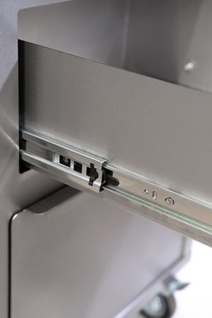 Detailed view of Bertha Inflorescence Trolley (Stainless Steel) drawer rail system, emphasizing durable construction.