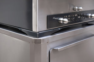 Corner detail of Bertha Inflorescence Trolley (Stainless Steel) showing seamless integration with Bertha grill unit.