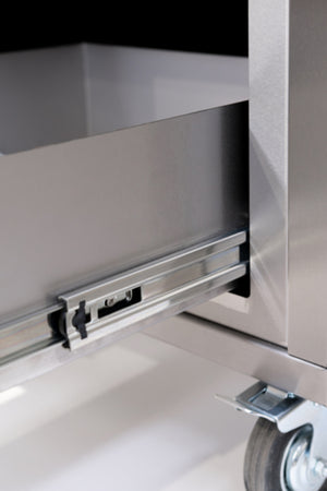 Close-up of lower drawer rail on Bertha Inflorescence Trolley (Stainless Steel), designed for heavy-duty outdoor use.