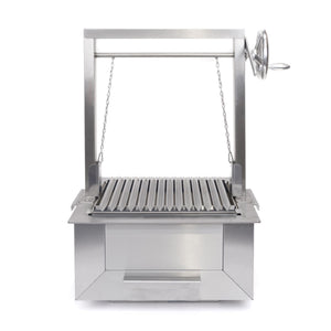 Front view of Bertha Asado Grill Small featuring open fire grilling design with removable V-grate and crank wheel for height adjustment.