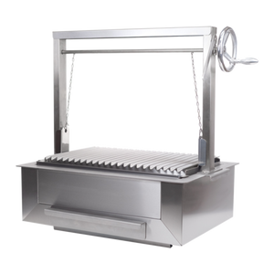 Bertha Asado Grill Medium with adjustable height stainless steel frame and V-groove grill grate, ideal for open fire cooking outdoors.