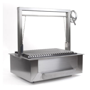 Side view of Bertha Asado Grill Medium featuring stainless steel construction and manual wheel for adjustable grill height.