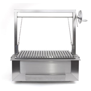 Front view of Bertha Asado Grill Medium with stainless steel V-grate and adjustable height mechanism for outdoor grilling.