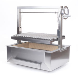 Bertha Asado Grill Medium showing raised grill grate and firebrick-lined interior for heat retention and precise grilling control.