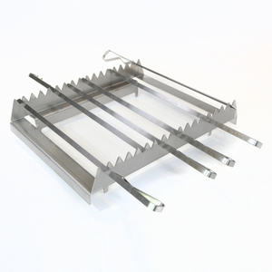 Angled view of Bertha Skewer Rack with 6 skewers, highlighting its stainless steel construction and compatibility with Bertha ovens.