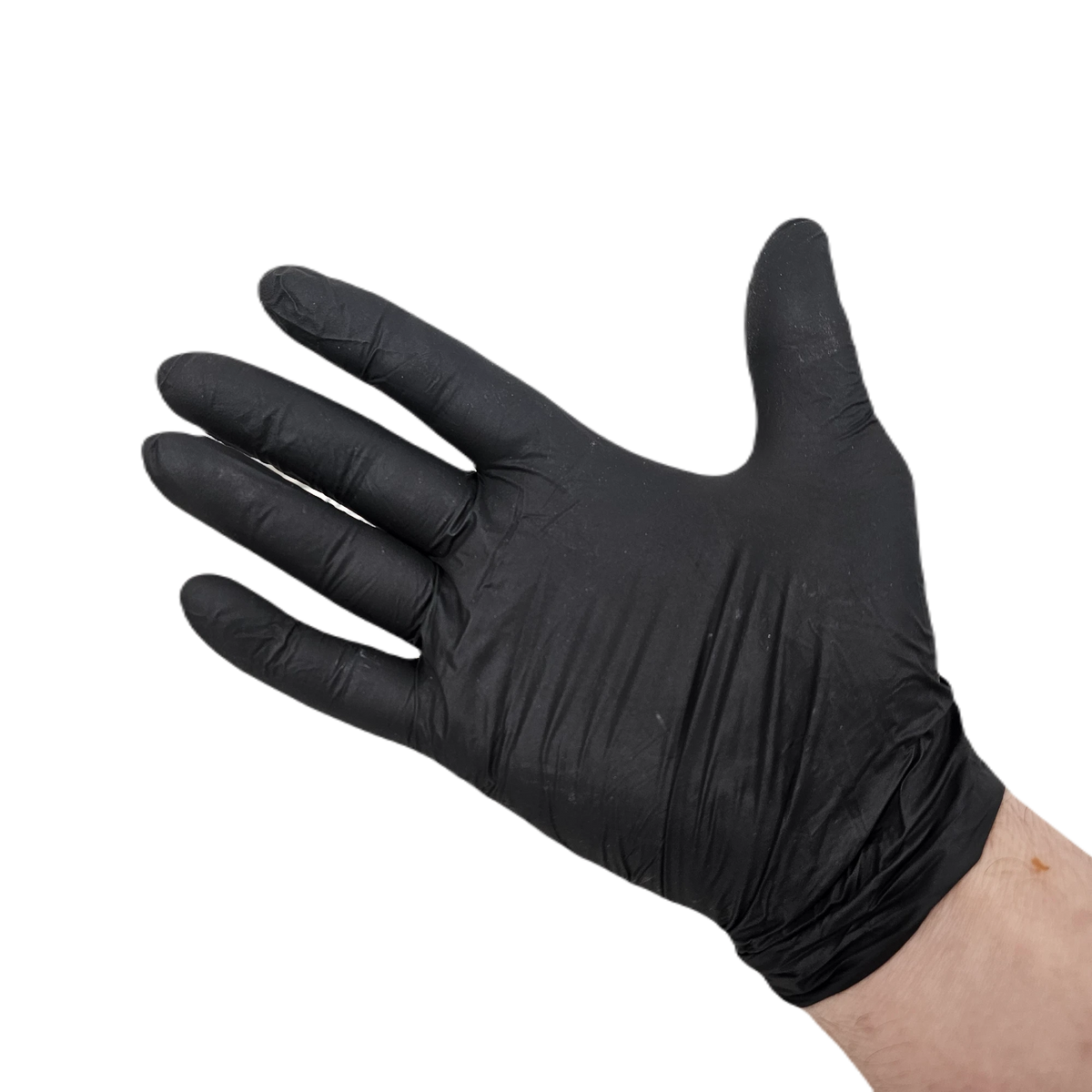 Black nitrile glove on hand