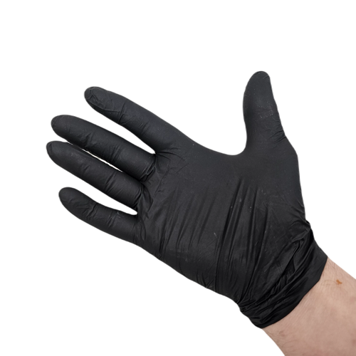 Black nitrile glove on hand