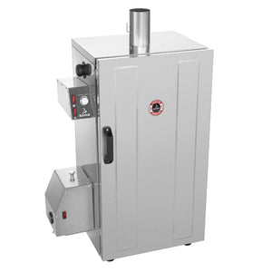 A stainless steel electric smoker with a vertical cabinet door, side-mounted control panel, vent stack, and lower exhaust box, photographed on a plain white background.