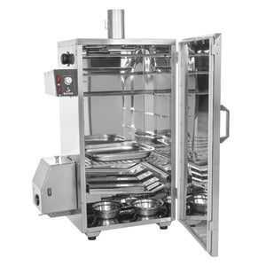 A stainless steel commercial steamER or smoker machine with its doors open, showing interior racks and trays, photographed on a plain white background.