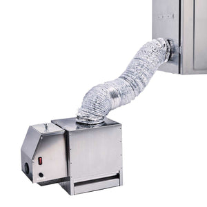 Borniak Cold Smoking Alu-zinc Adapter connected to a smoke generator and smoker via flexible duct, perfect for cold smoking in outdoor kitchens.