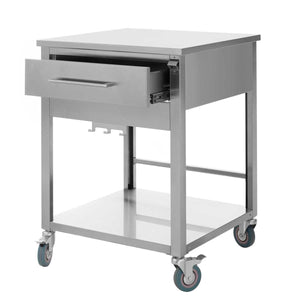 Borniak Smoker Table with open drawer and locking wheels, offering storage and mobility for outdoor grilling and smoker use.